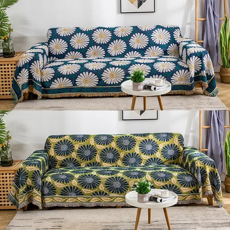 Slub PolyCotton Knitted Blanket Chrysanthemum Pattern Sofa Bed Leisure Throw Rug 180x230cm