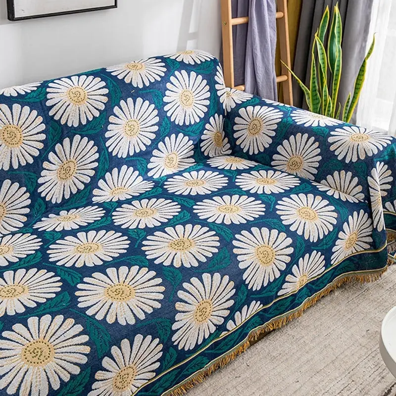 Slub PolyCotton Knitted Blanket Chrysanthemum Pattern Sofa Bed Leisure Throw Rug 180x230cm