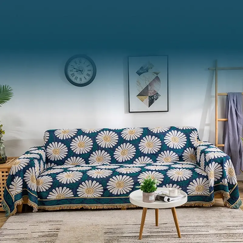 Slub PolyCotton Knitted Blanket Chrysanthemum Pattern Sofa Bed Leisure Throw Rug 180x230cm