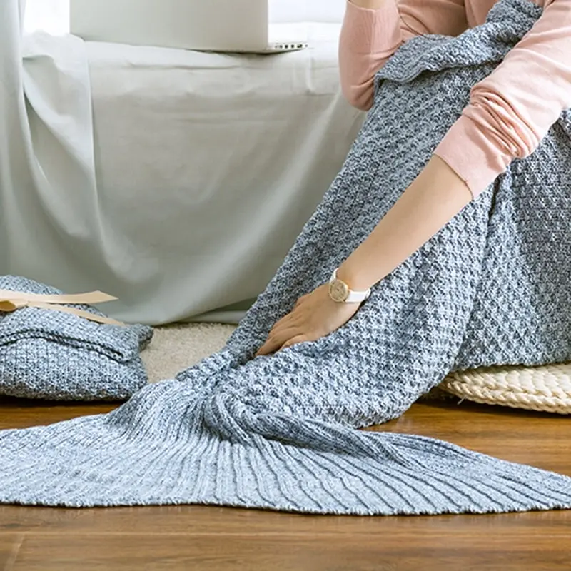 100% Cotton Knitted Mermaid Tail Blanket Home Decor Throw Rug 140cm Light Blue