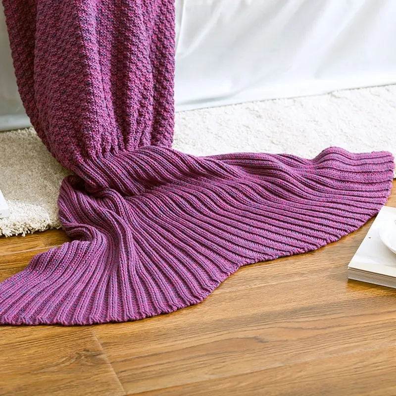 100% Cotton Knitted Mermaid Tail Blanket Home Decor Throw Rug 140cm Purple