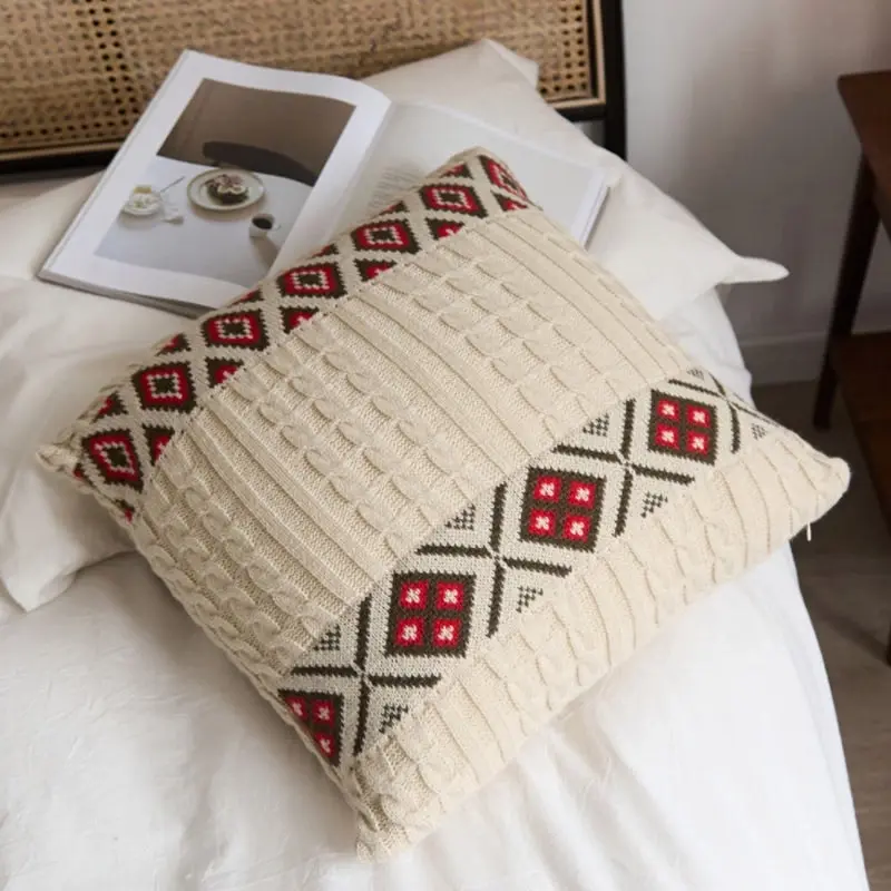 Soft Acrylic Knitted Square Cushion Pillow Cover Beige 45x45cm