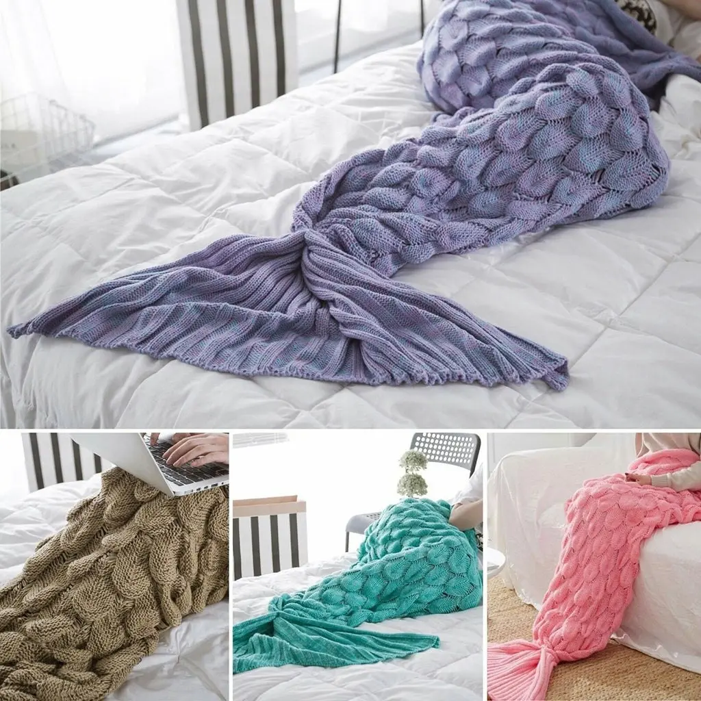 Knitted Mermaid Tail Blanket Home Decor Acrylic Throw Rug 195cmx90cm