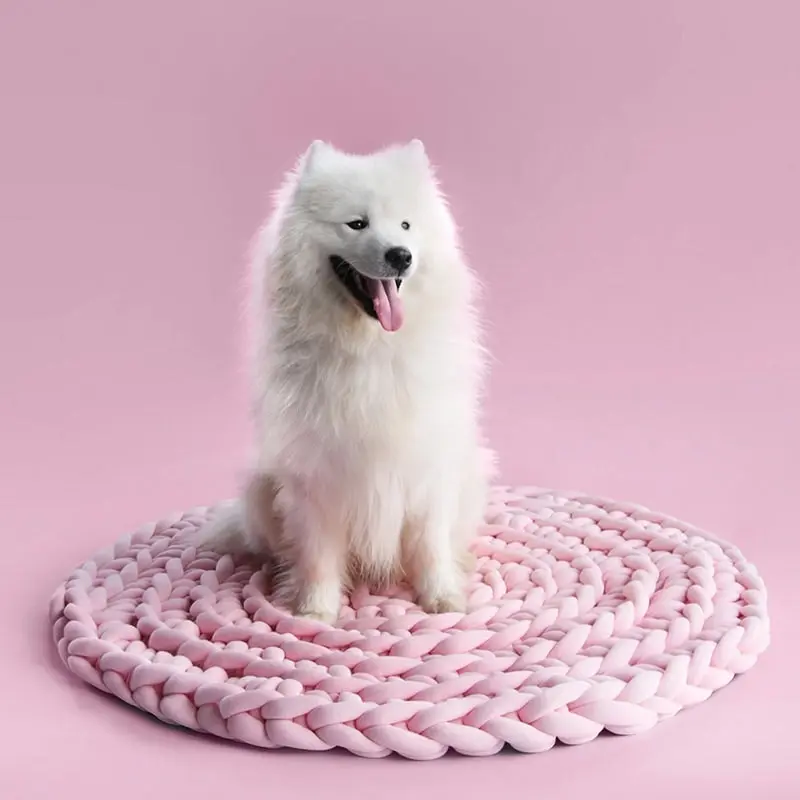 Hand Knitted Chunky Filled Tube Braid Floor Rug Round Crocheted Rug 90cm Pink