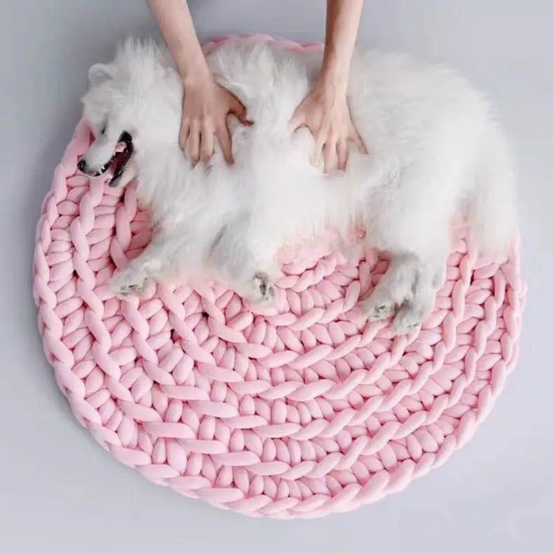 Hand Knitted Chunky Filled Tube Braid Floor Rug Round Crocheted Rug 90cm Pink