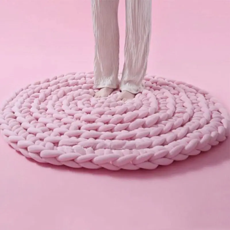 Hand Knitted Chunky Filled Tube Braid Floor Rug Round Crocheted Rug 90cm Pink