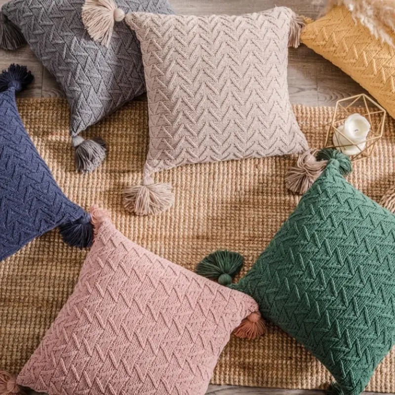 Soft Chenille Knitted Tassel Square Cushion Pillow Cover 45x45cm