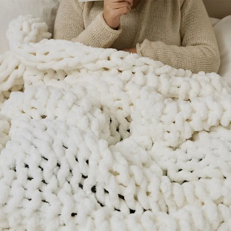 Soft Knitted Chenille Chunky Yarn Blanket Throw Rug 130x160cm White