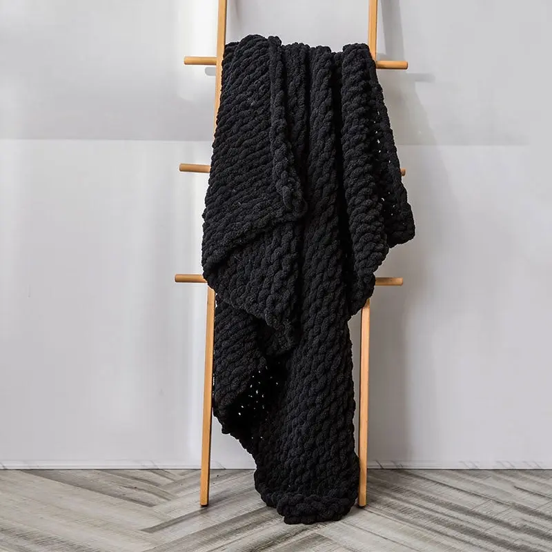 Soft Knitted Chenille Chunky Yarn Blanket Throw Rug 130x160cm Black