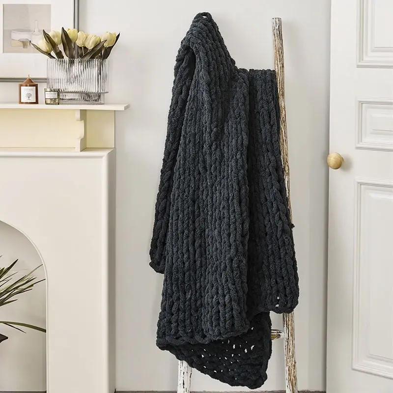 Soft Knitted Chenille Chunky Yarn Blanket Throw Rug 130x160cm Black