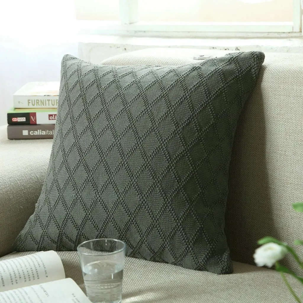 100% Cotton Knitted Square Cushion Sofa Pillow Cover 45x45cm Diamond Pattern