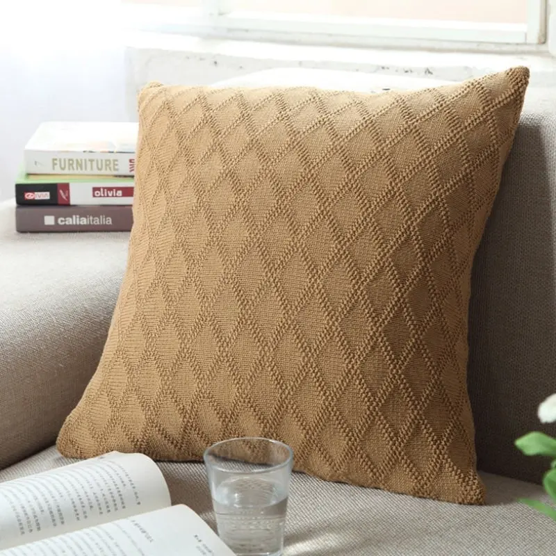 100% Cotton Knitted Square Cushion Sofa Pillow Cover 45x45cm Diamond Pattern