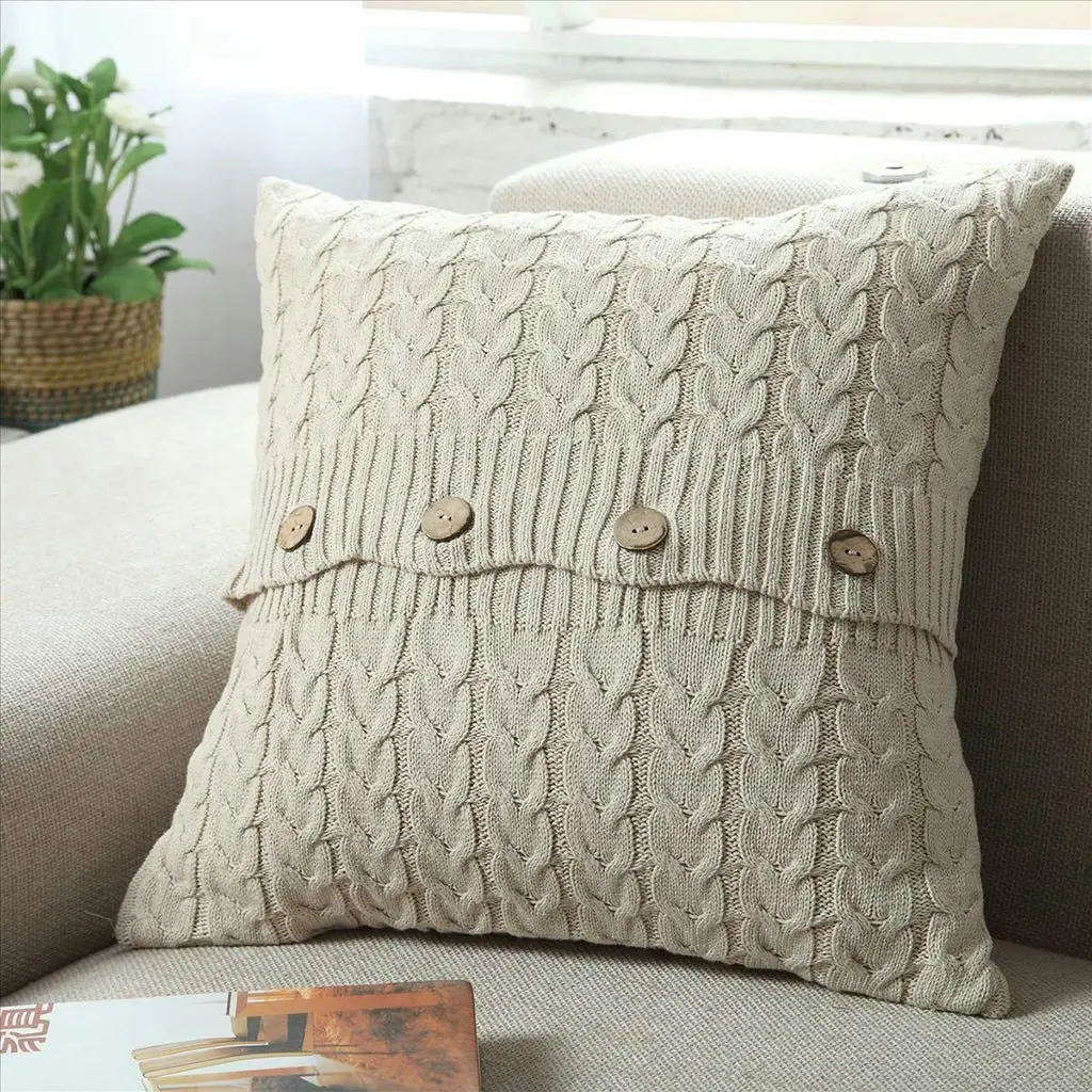 Home Decor Sofa Bed Knitted Pillow Cushion Cover Twisted stripes w buttons 45x45cm