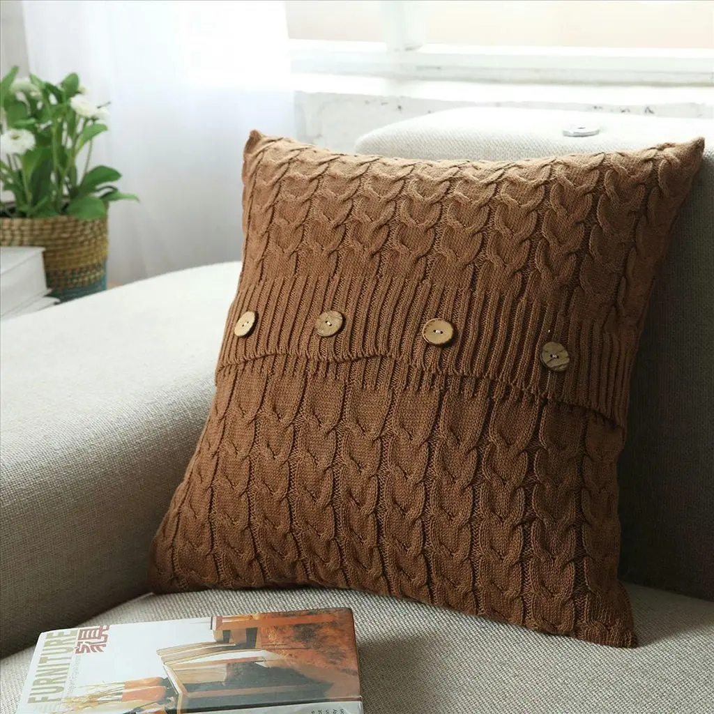 Home Decor Sofa Bed Knitted Pillow Cushion Cover Twisted stripes w buttons 45x45cm