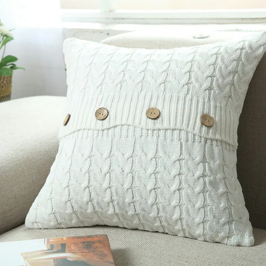 Home Decor Sofa Bed Knitted Pillow Cushion Cover Twisted stripes w buttons 45x45cm