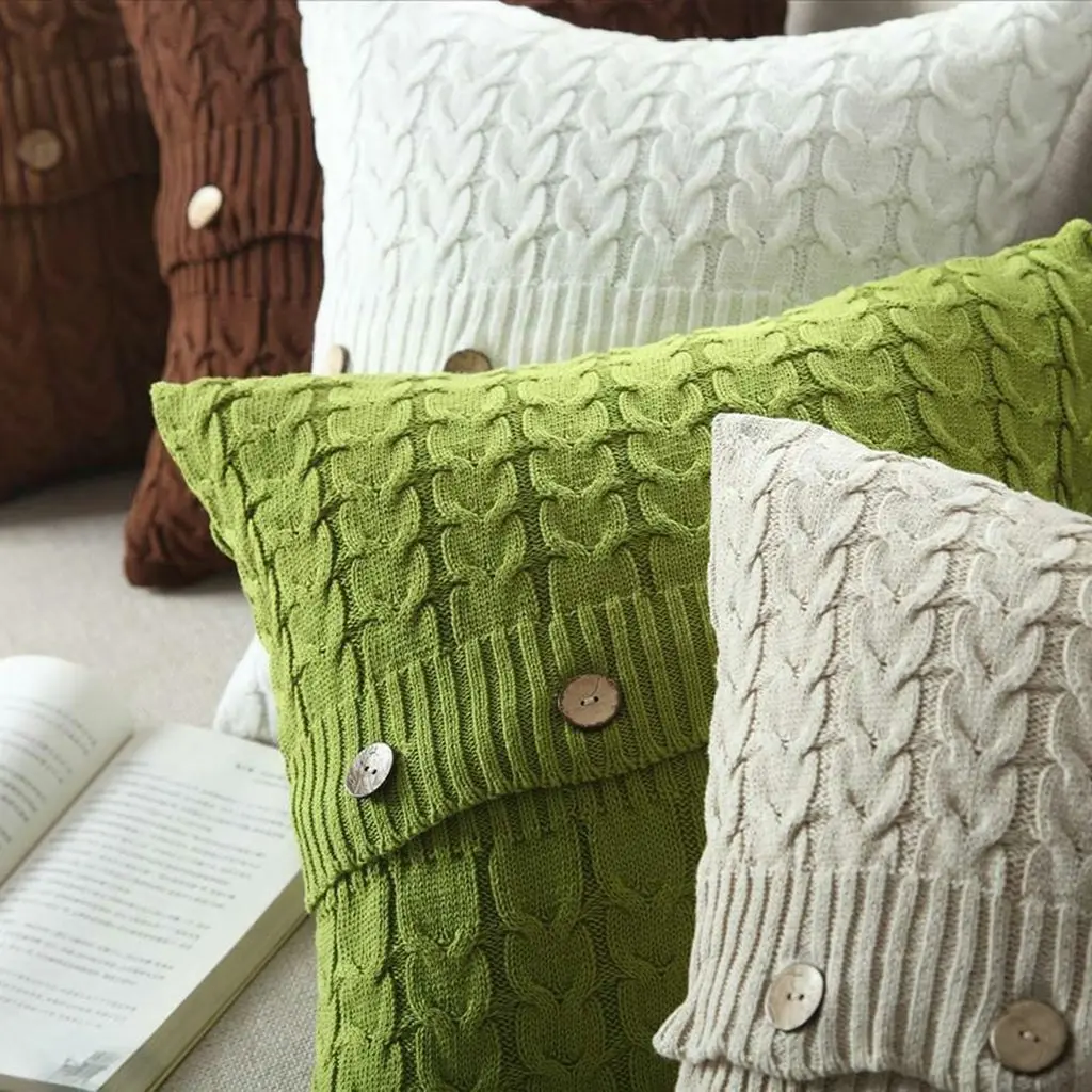 Home Decor Sofa Bed Knitted Pillow Cushion Cover Twisted stripes w buttons 45x45cm