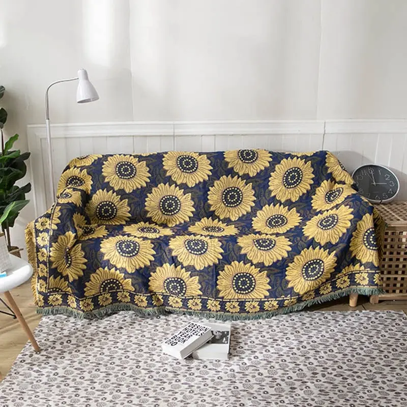 Slub PolyCotton Knitted Blanket Sunflower Pattern Sofa Bed Leisure Throw Rug 180x230cm