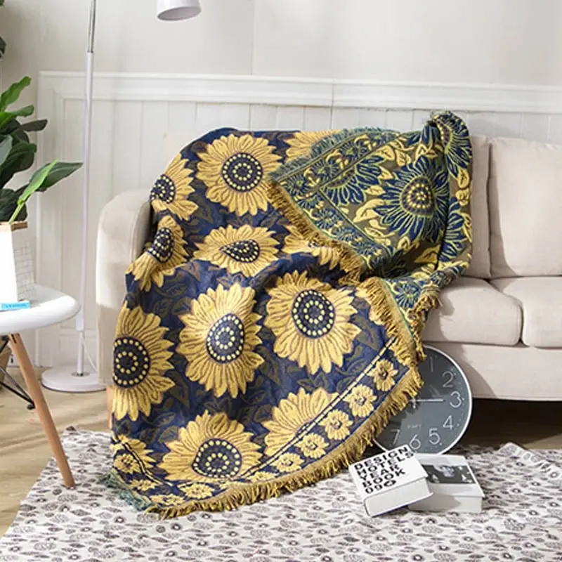 Slub PolyCotton Knitted Blanket Sunflower Pattern Sofa Bed Leisure Throw Rug 180x230cm