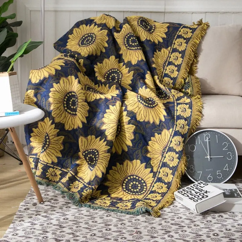 Slub PolyCotton Knitted Blanket Sunflower Pattern Sofa Bed Leisure Throw Rug 180x230cm