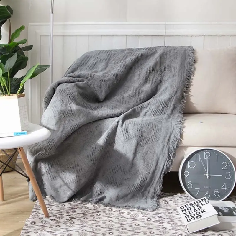 Slub PolyCotton Knitted Blanket Grey T Pattern Sofa Bed Leisure Throw Rug 180x230cm