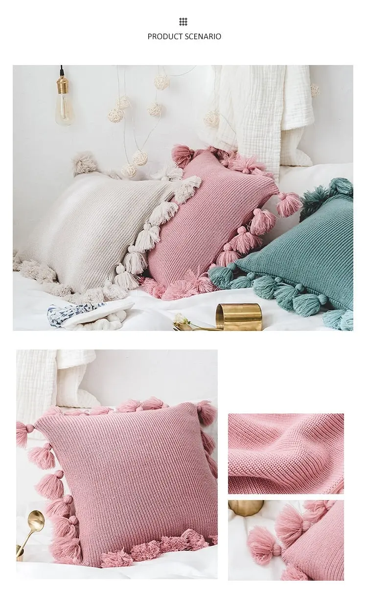 New Soft Acrylic Knitted Tassel Square Cushion Pillow Cover 45x45cm