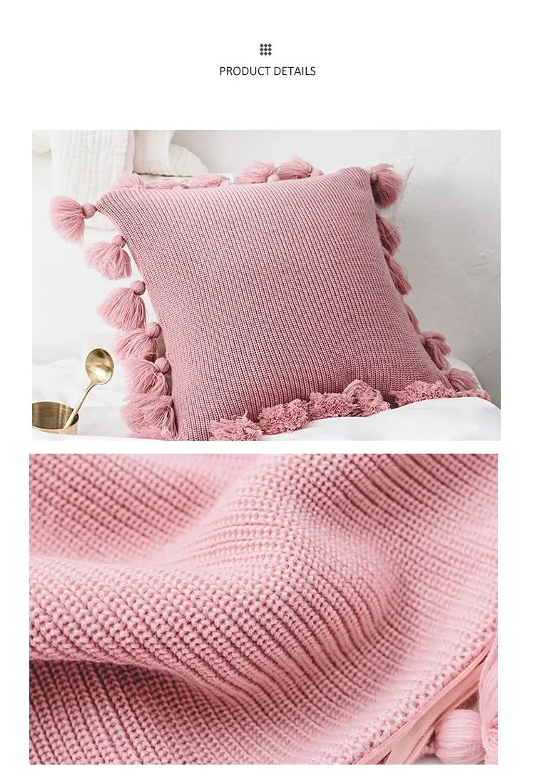 New Soft Acrylic Knitted Tassel Square Cushion Pillow Cover 45x45cm