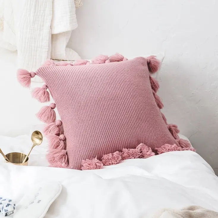 New Soft Acrylic Knitted Tassel Square Cushion Pillow Cover 45x45cm