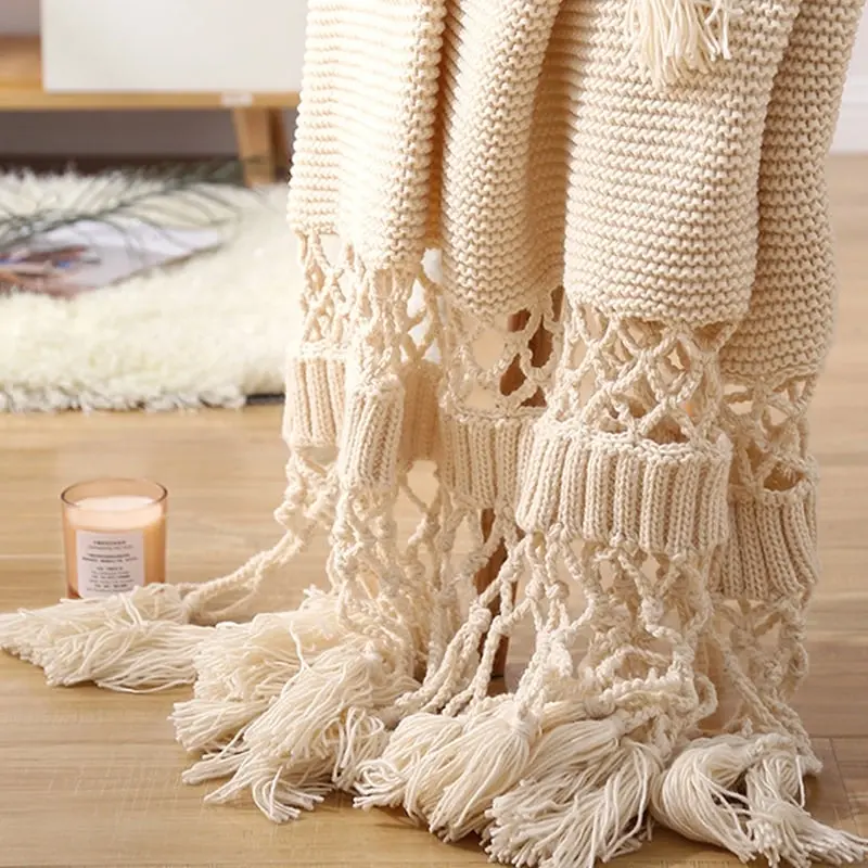 Knitted Acrylic Blanket Bed Sofa Tassel Throw Rug Blanket 125x180cm