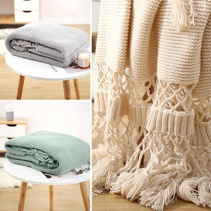 Knitted Acrylic Blanket Bed Sofa Tassel Throw Rug Blanket 125x180cm