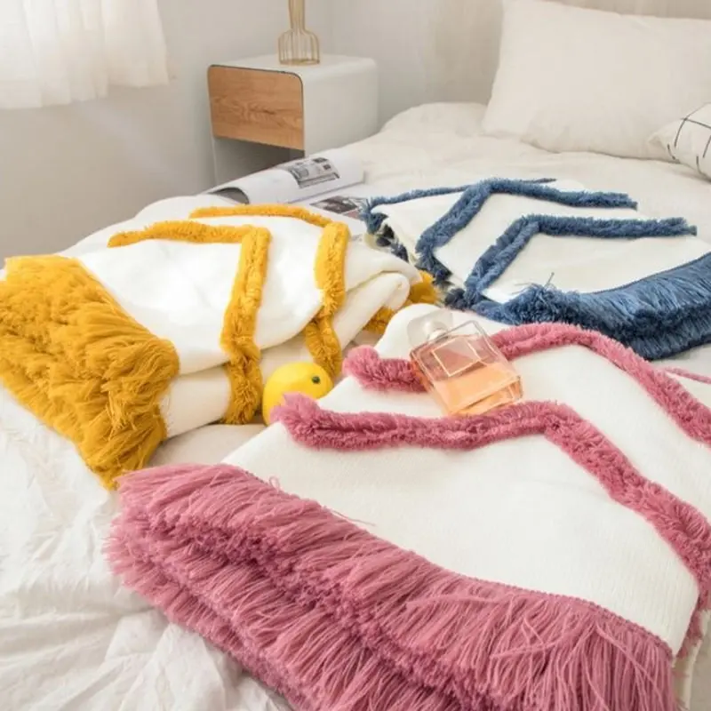 Acrylic Knitted Blanket Tufted Tassel Bed Sofa Throw Rug 130cm x 160cm