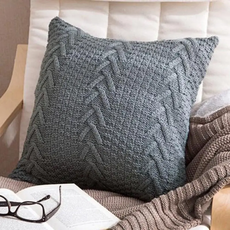 New Acrylic Knitted Square Cushion Cover Pillowcase Herringbone Pattern