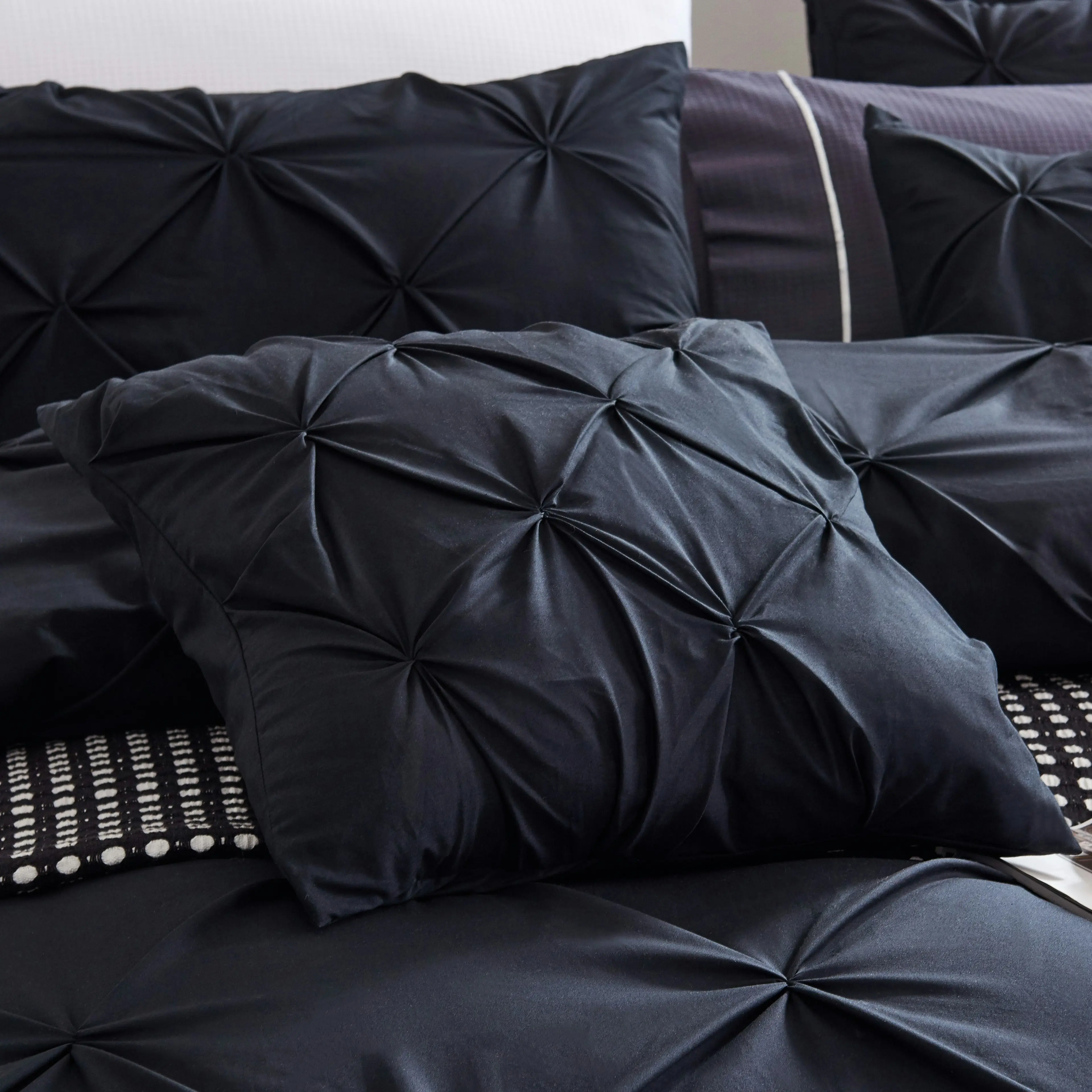 A Pair of 100% Cotton Black Diamond Pinch Pleated Euro Cushion Covers 65x65cm