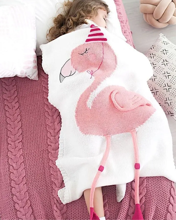 New Kids Children Cotton Knitted Blanket Flamingo Design Pram Blanket Throw