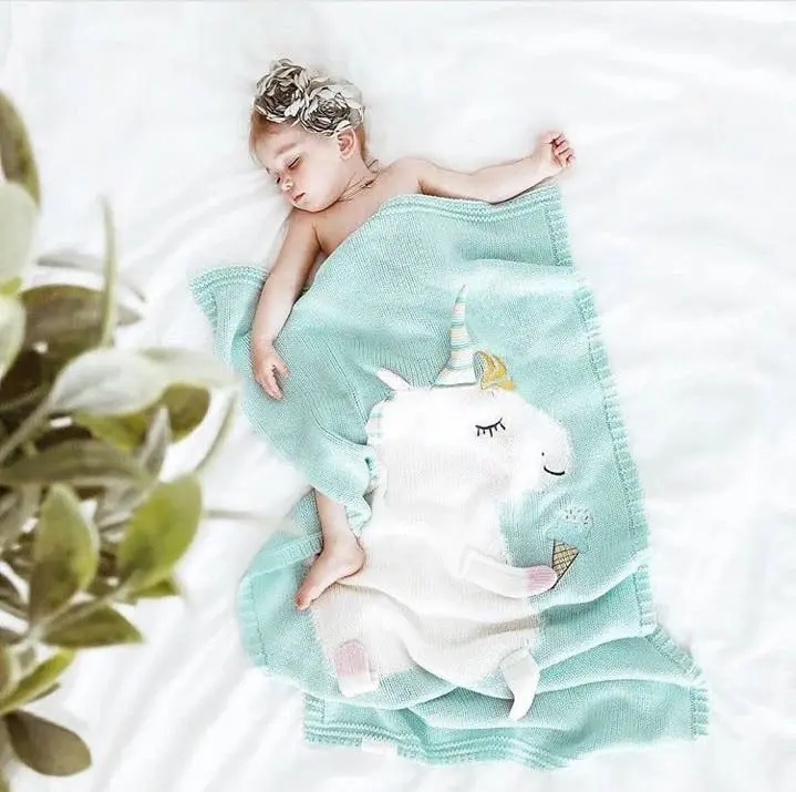 New Kids Children Cotton Knitted Blanket Unicorn Design Pram Blanket Throw