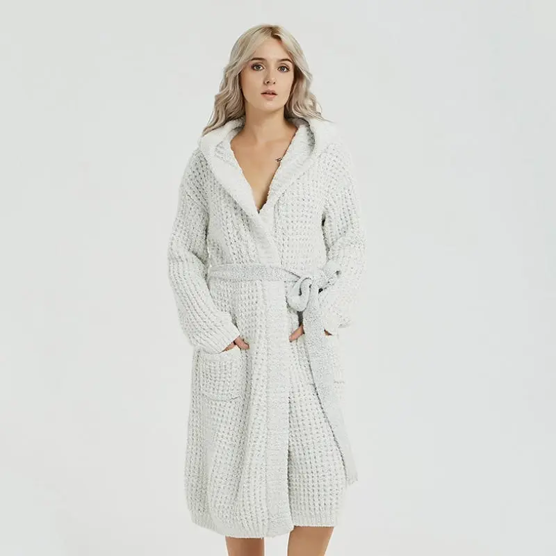 Autumn Winter Hooded Soft Warm Women Night Sleepwear Pyjamas Homewear Robe White