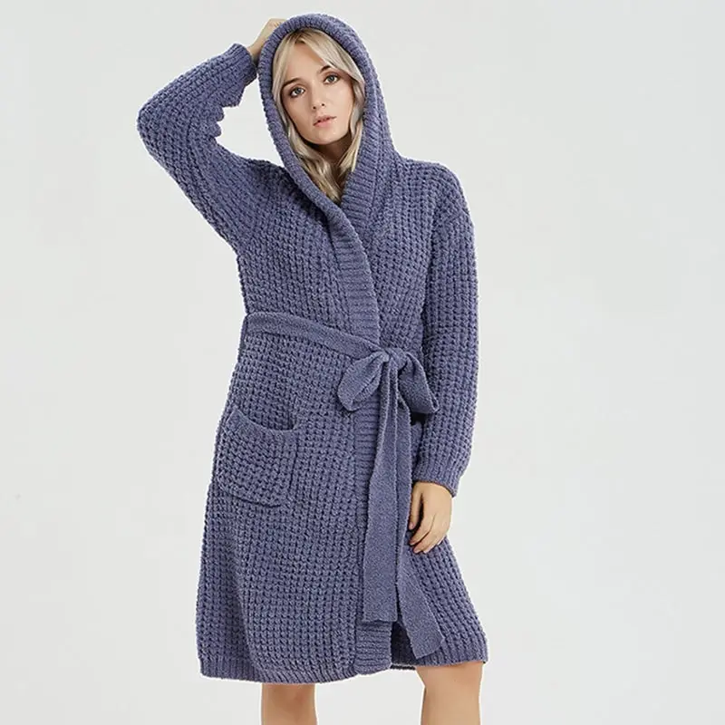 Autumn Winter Hooded Soft Warm Women Night Sleepwear Pyjamas Homewear Robe Navy