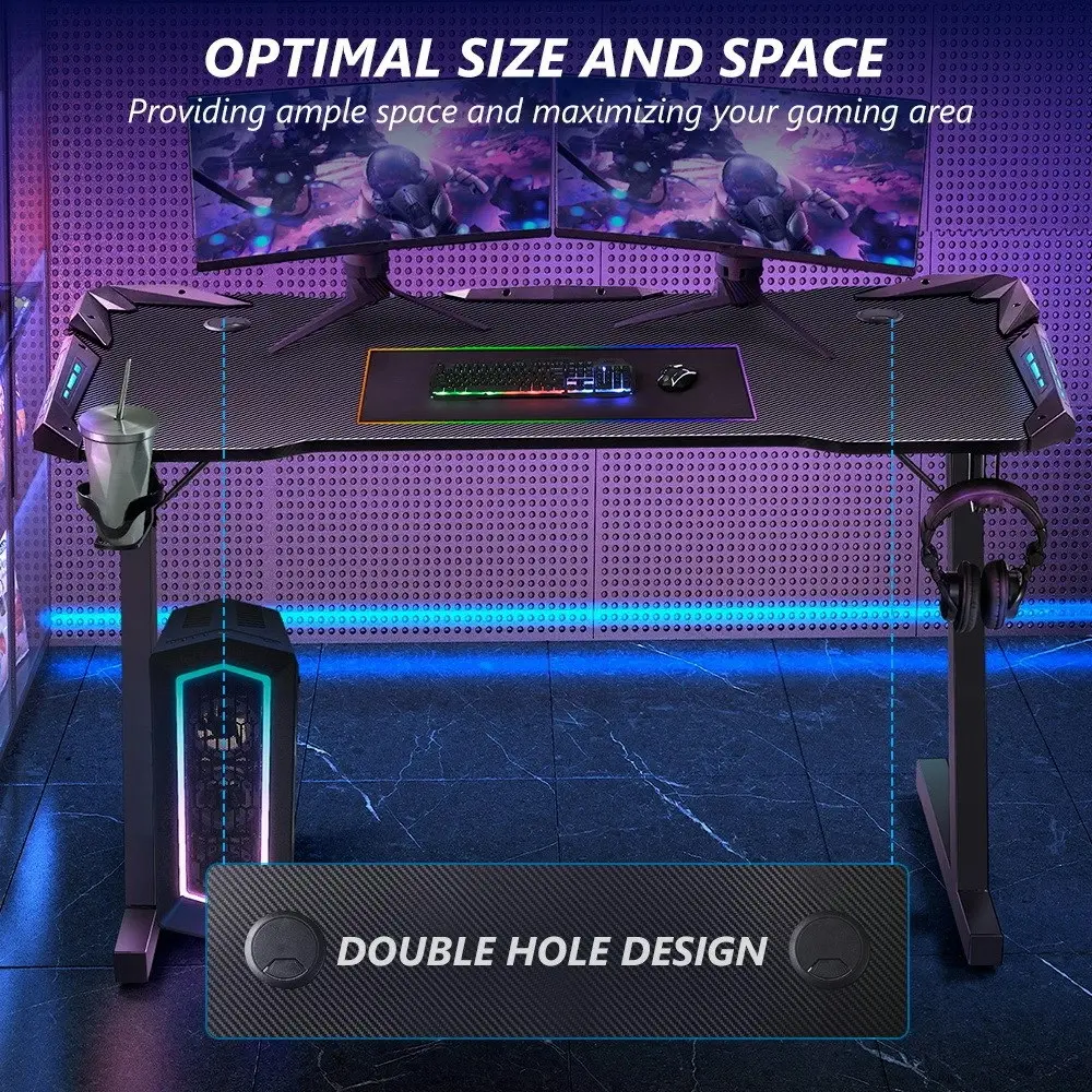 Furb Ergonomic Z Shaped LED Gaming Desk Carbon Fiber Computer Table With Holder