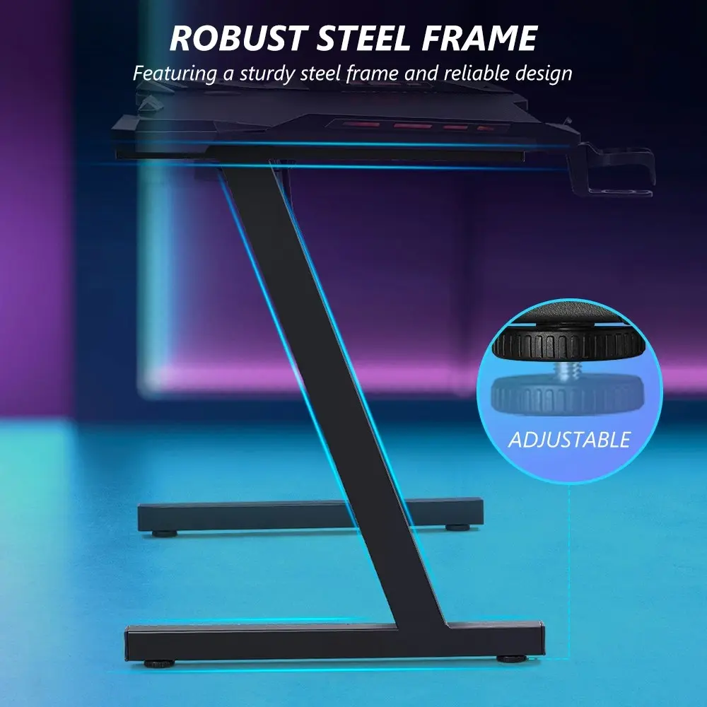 Furb Ergonomic Z Shaped LED Gaming Desk Carbon Fiber Computer Table With Holder