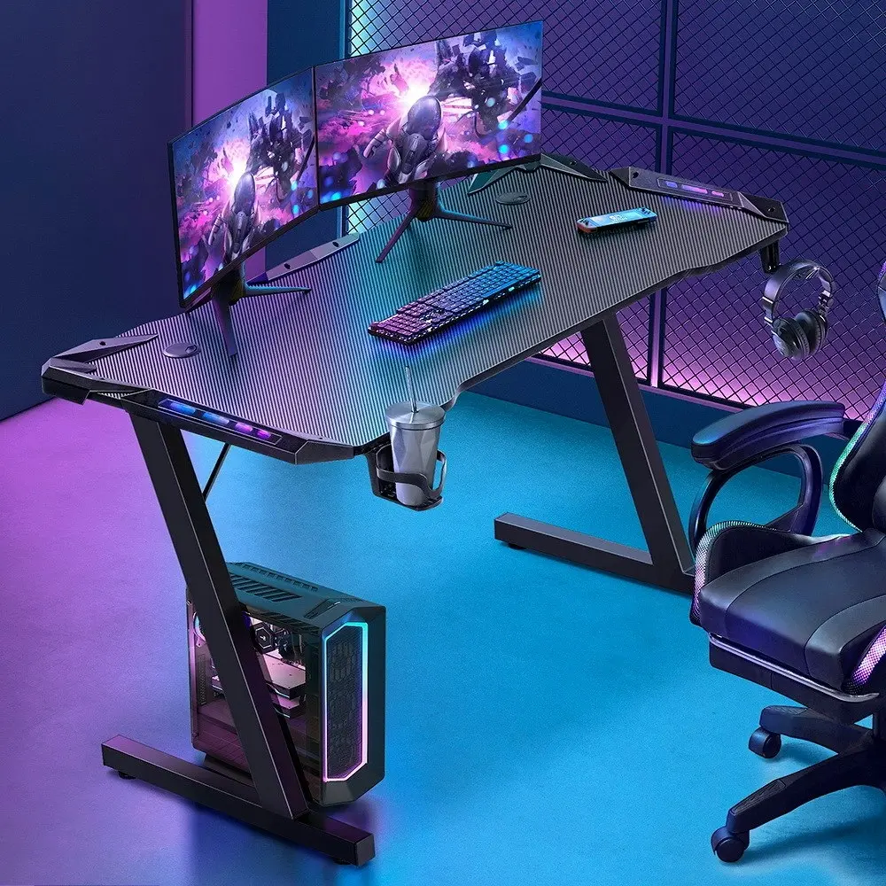 Furb Ergonomic Z Shaped LED Gaming Desk Carbon Fiber Computer Table With Holder