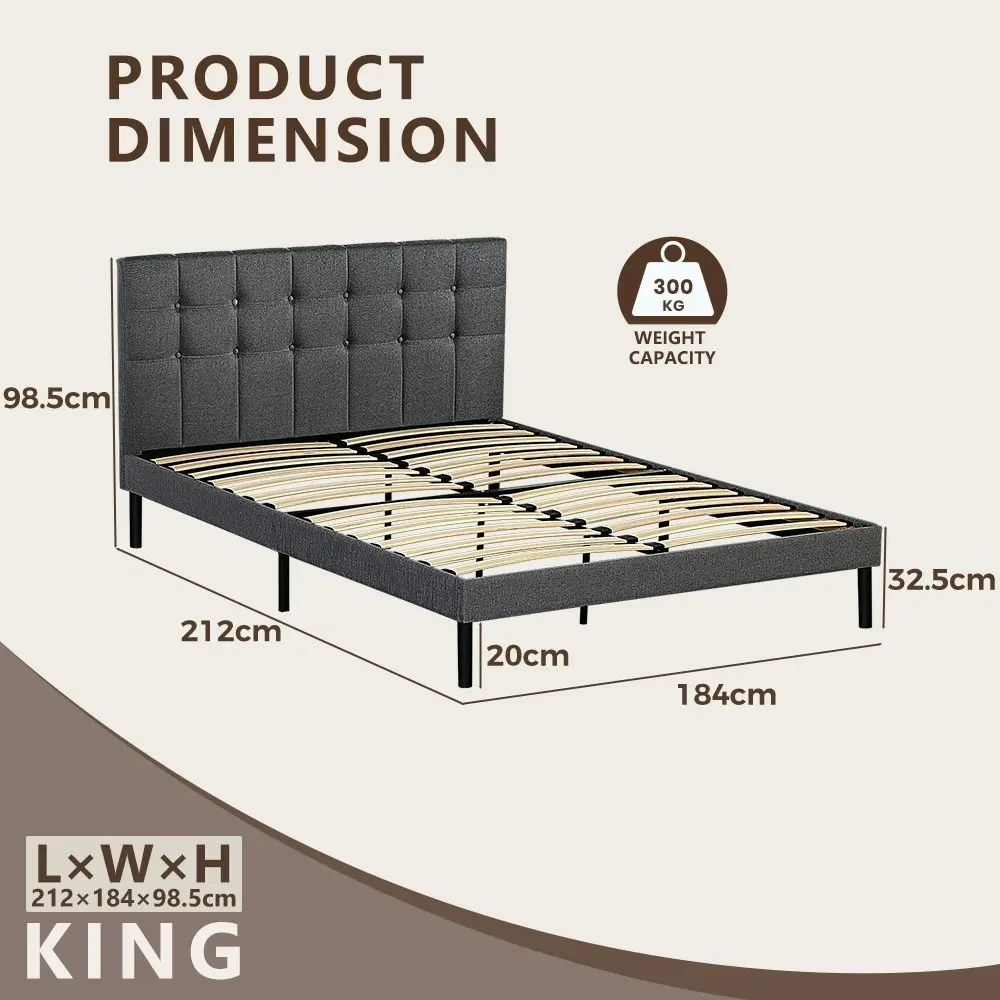 Furb King Platform Bed Frame with Upholstered Headboard Wooden Slats,Charcoal