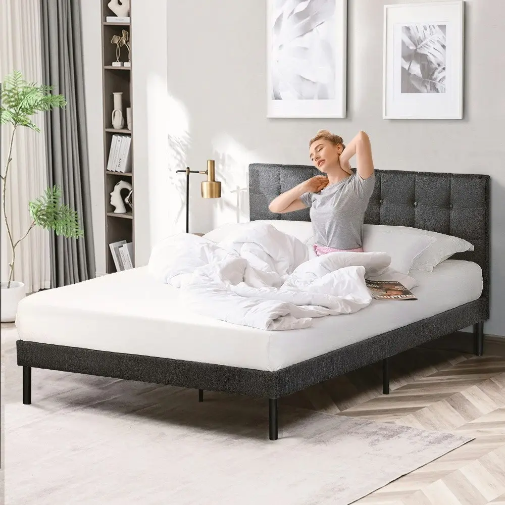 Furb King Platform Bed Frame with Upholstered Headboard Wooden Slats,Charcoal