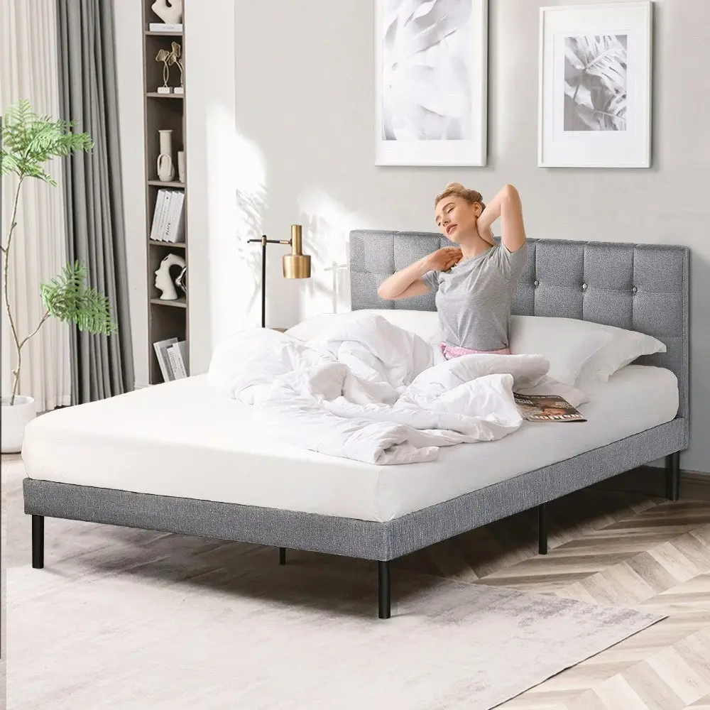 Furb King Platform Bed Frame with Upholstered Headboard Strong Wooden Slats,Gray