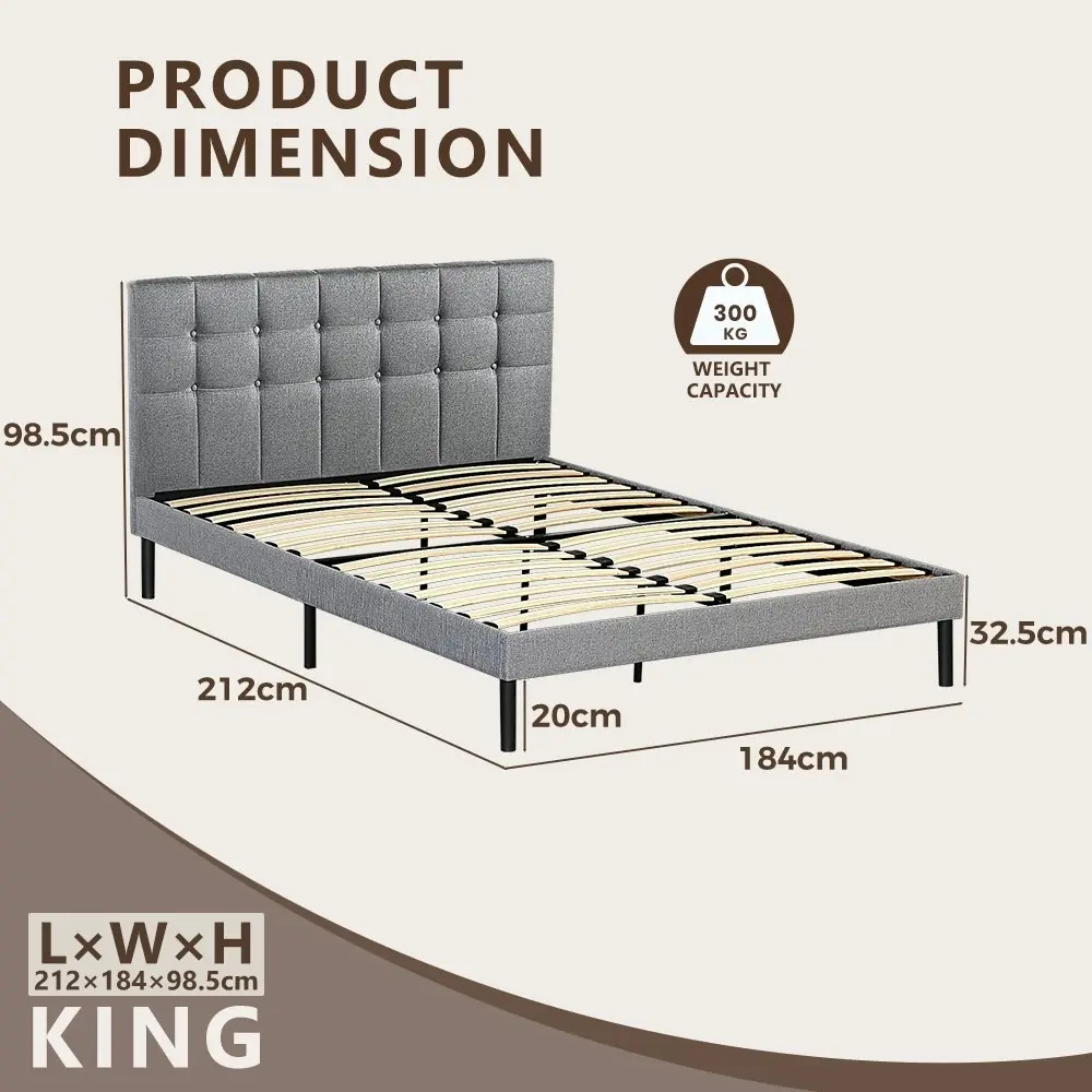 Furb King Platform Bed Frame with Upholstered Headboard Strong Wooden Slats,Gray