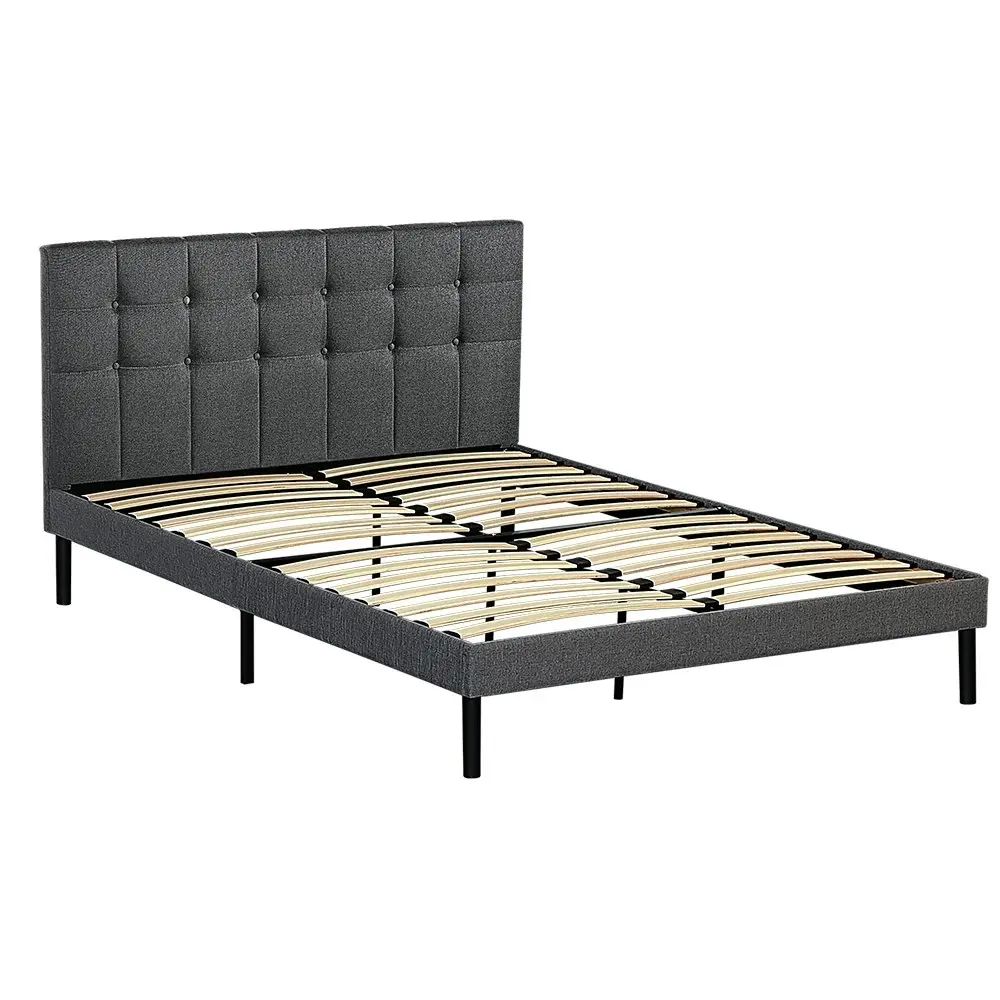 Furb Double Platform Bed Frame with Upholstered Headboard Wooden Slats,Charcoal