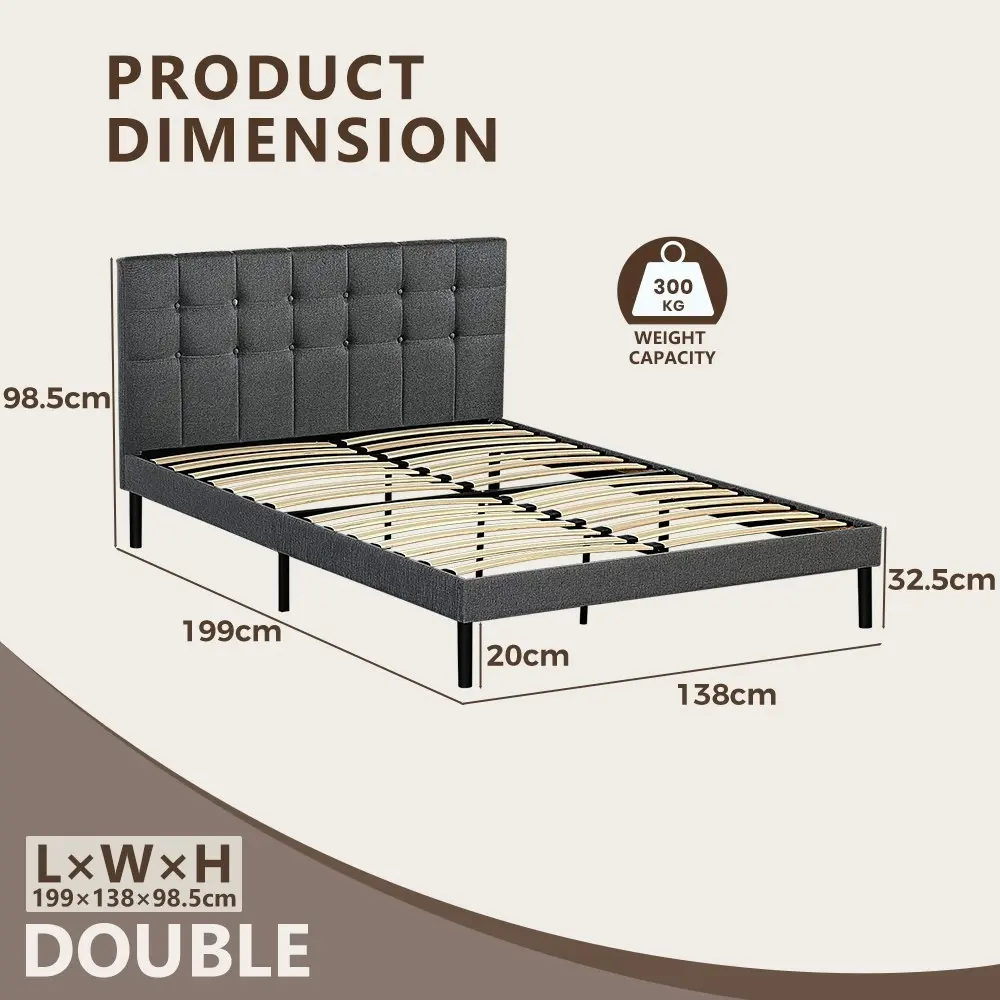 Furb Double Platform Bed Frame with Upholstered Headboard Wooden Slats,Charcoal