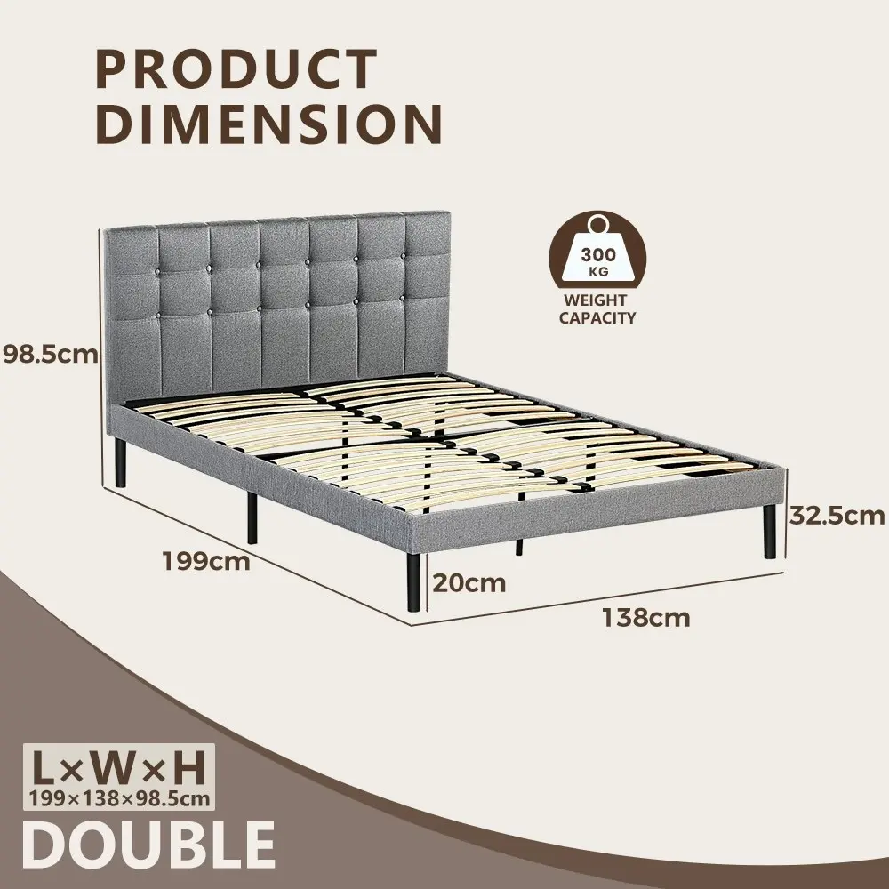 Furb Double Platform Bed Frame w/ Upholstered Headboard Strong Wooden Slats,Gray