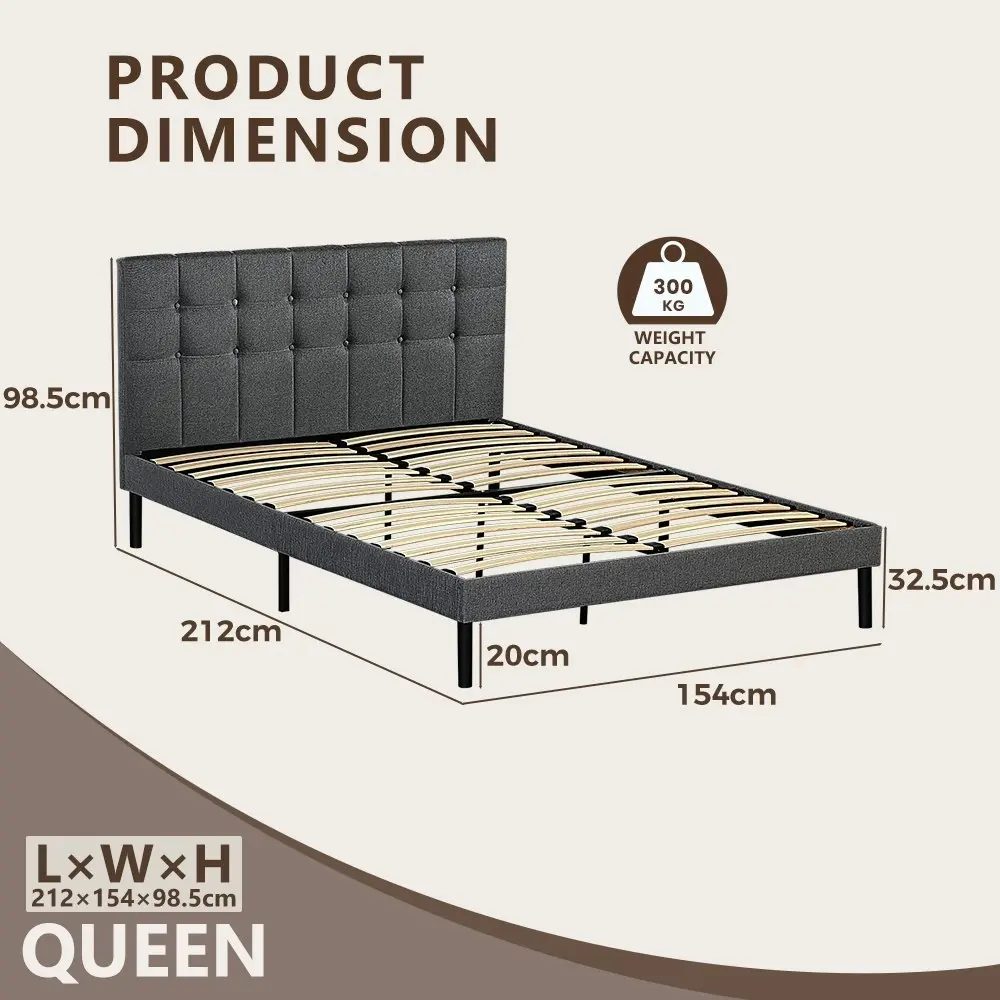 Furb Queen Platform Bed Frame with Upholstered Headboard Wooden Slats,Charcoal