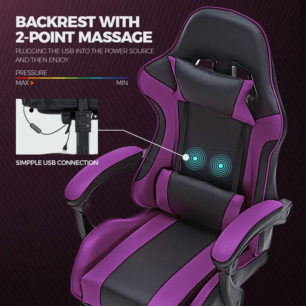 Furb Gaming Chair with Footrest Massage PU Leather Ergonomic Office Chair Purple