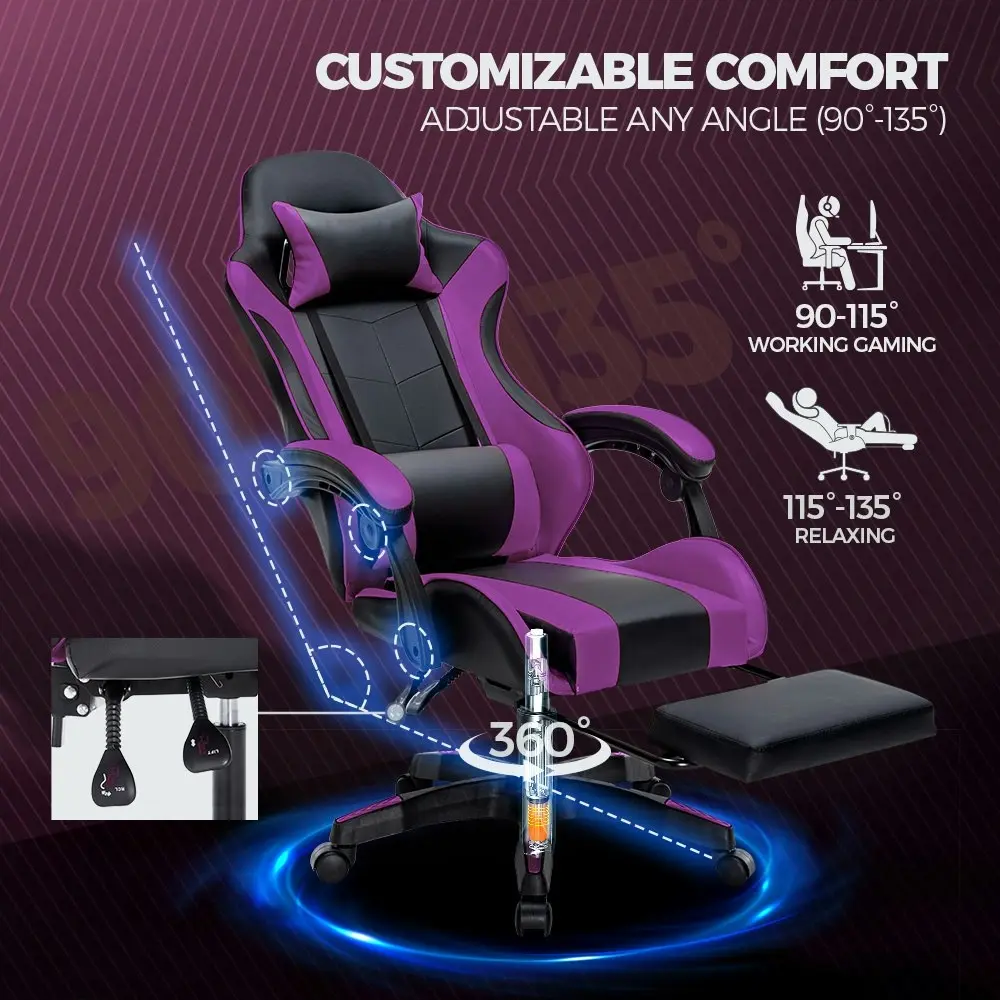 Furb Gaming Chair with Footrest Massage PU Leather Ergonomic Office Chair Purple