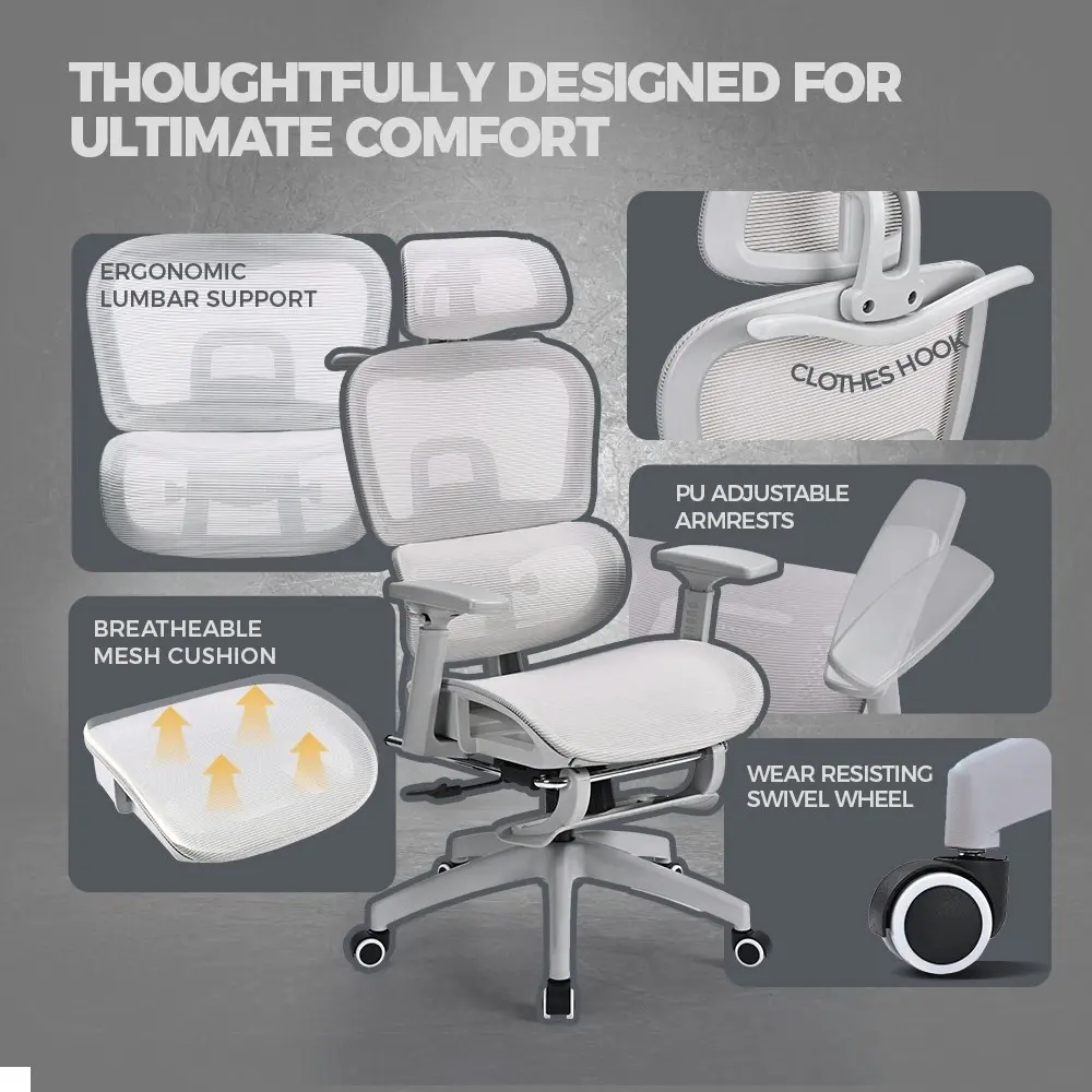 Furb Ergonomic Office Chair w/ Breathable Mesh High Back Computer Chair Grey